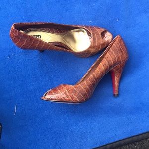 Cognac snake-skin peep toe heels